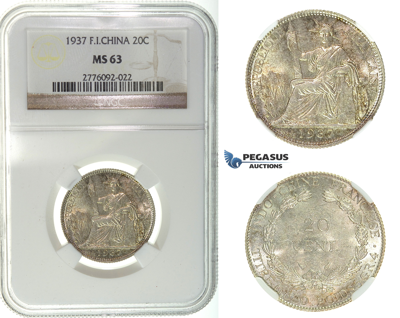 I18, French Indo-China (Vietnam) 20 Centimes 1937, Silver, NGC MS63
