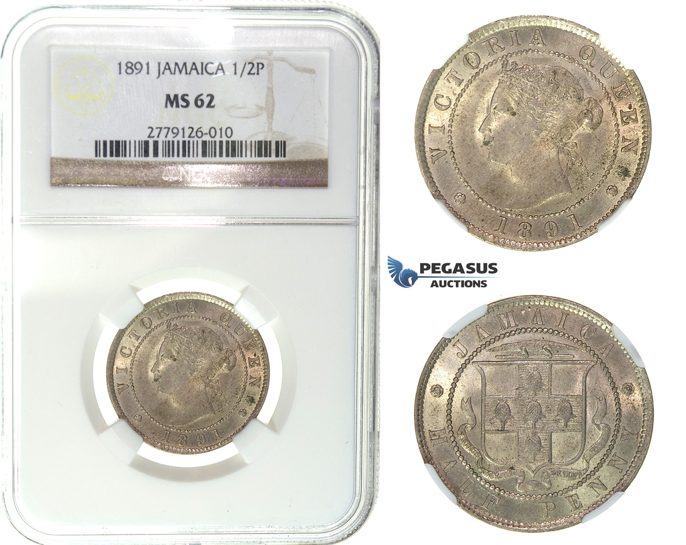 I20, Jamaica, Victoria, 1/2 Penny 1891, NGC MS62