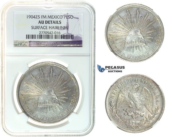 I22, Mexico, Peso 1904 Zs FM, Silver, NGC AU Details