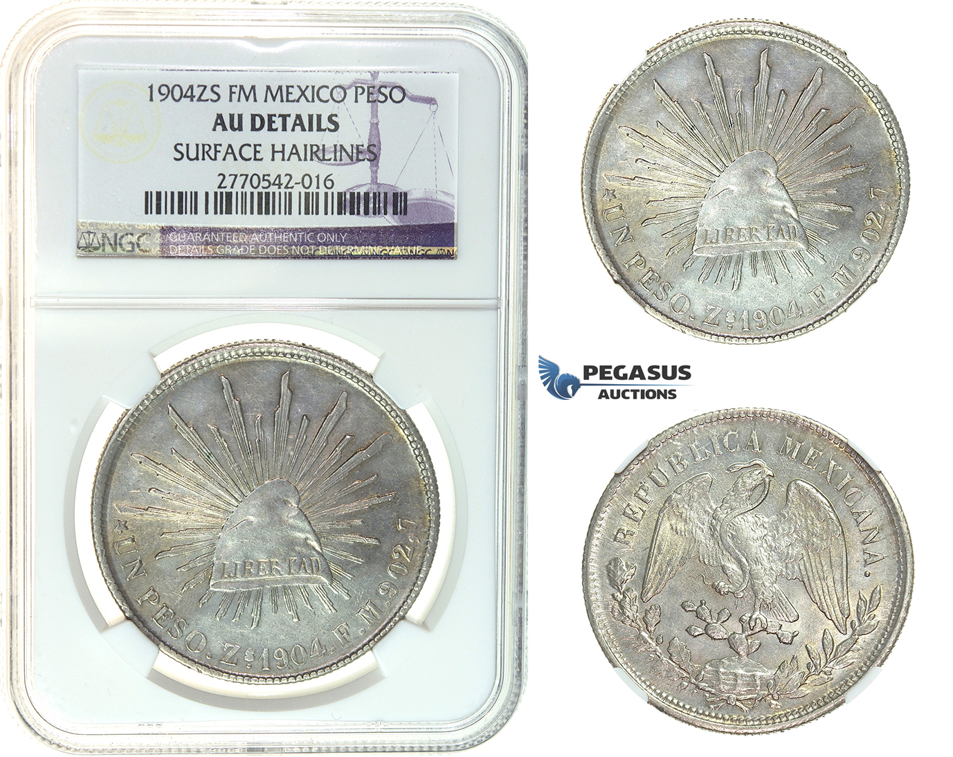 I22, Mexico, Peso 1904 Zs FM, Silver, NGC AU Details
