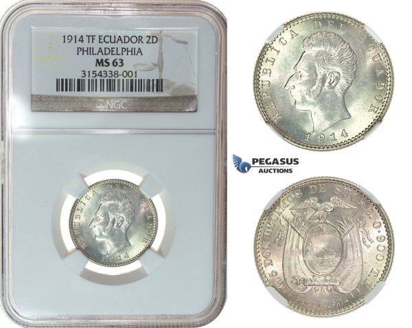 I23, Ecuador, 2 Decimos 1914-TF, Philadelphia, Silver, NGC MS63