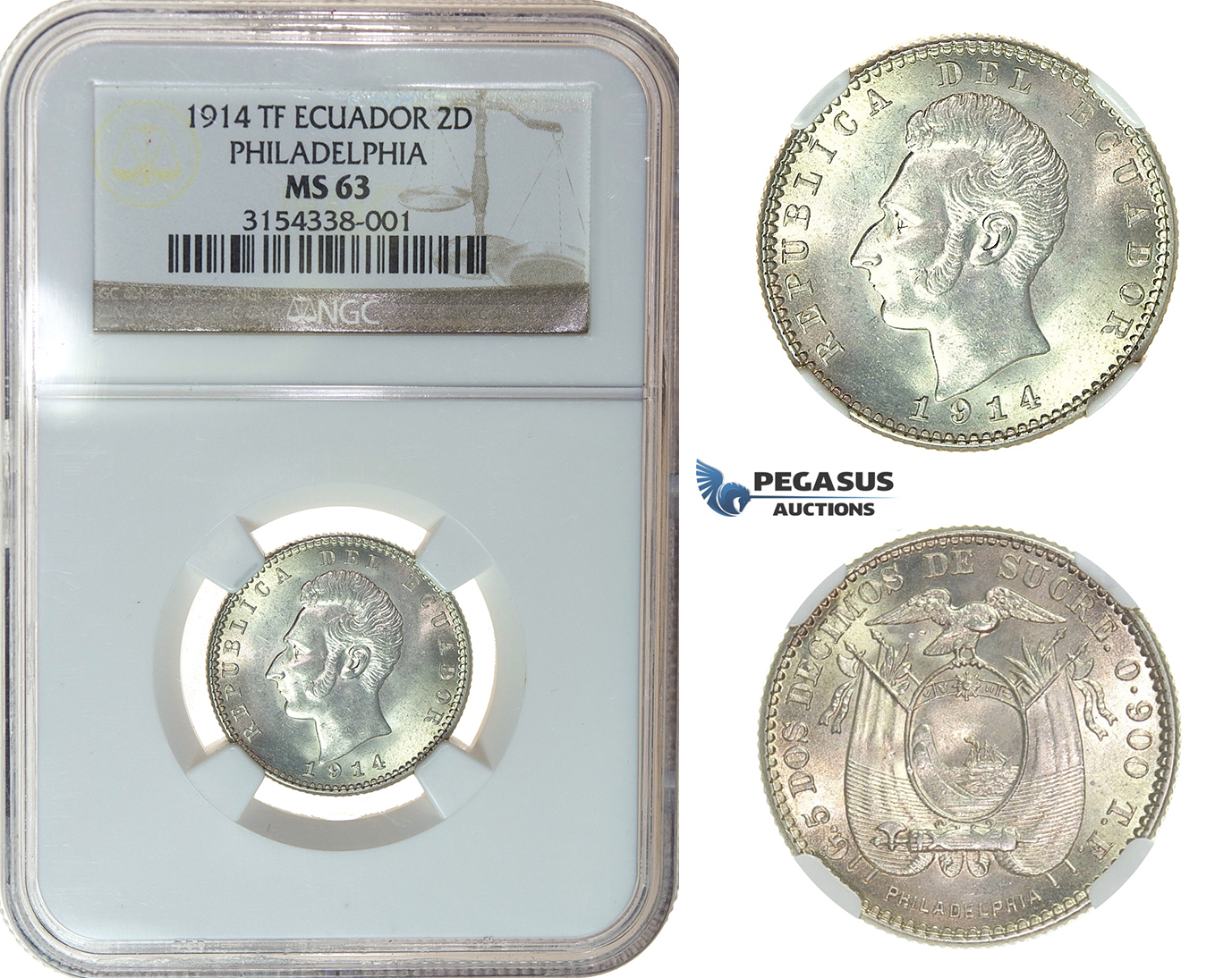I23, Ecuador, 2 Decimos 1914-TF, Philadelphia, Silver, NGC MS63