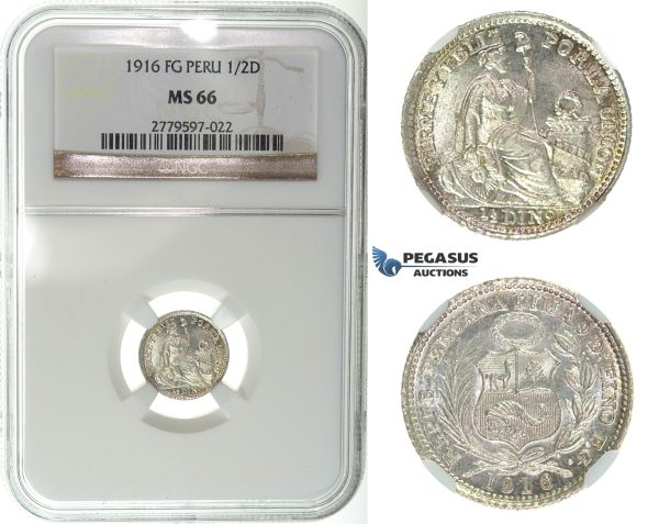 I24, Peru, 1/2 Dinero 1916 FG, Silver, NGC MS66