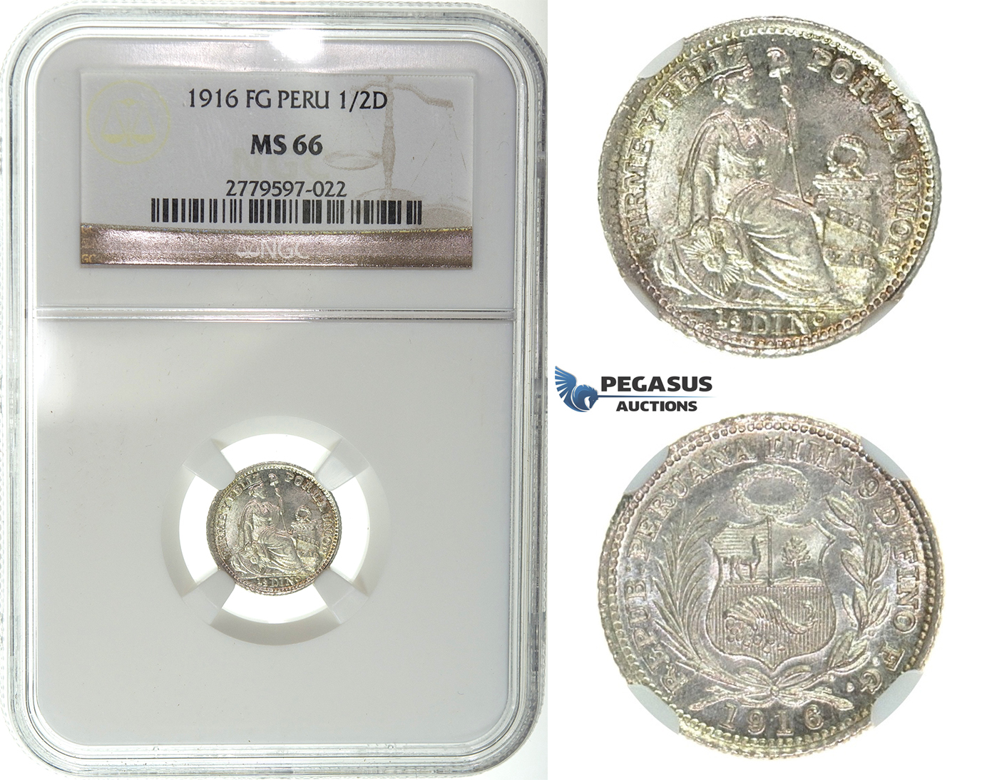 I24, Peru, 1/2 Dinero 1916 FG, Silver, NGC MS66