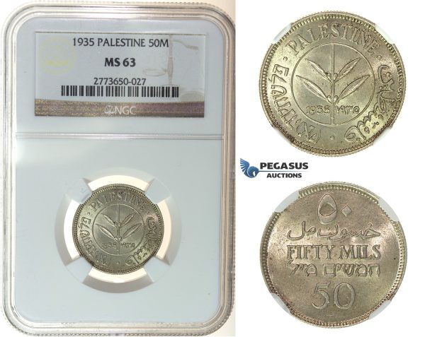I25, Palestine 50 Mils 1935, Silver, NGC MS63