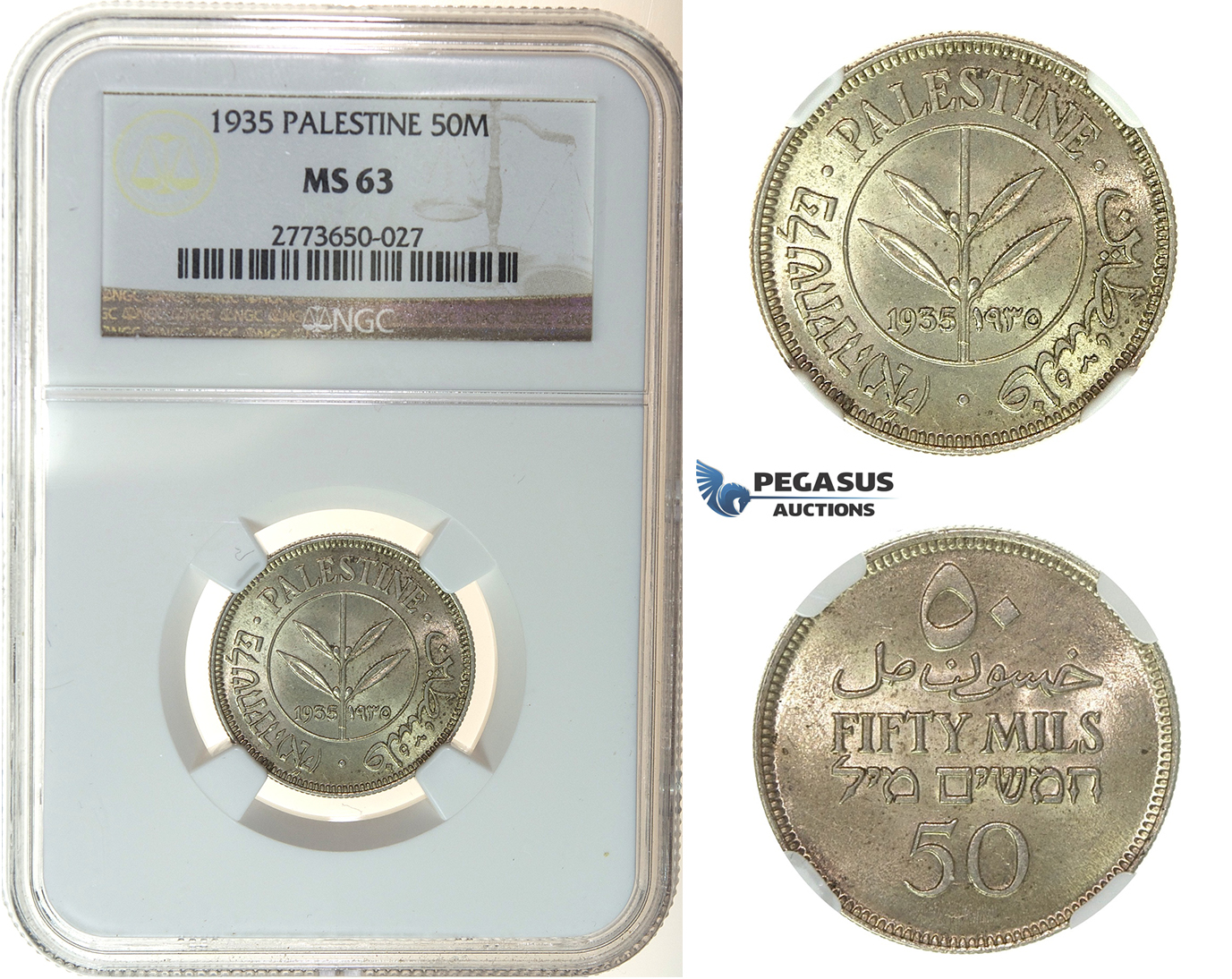 I25, Palestine 50 Mils 1935, Silver, NGC MS63