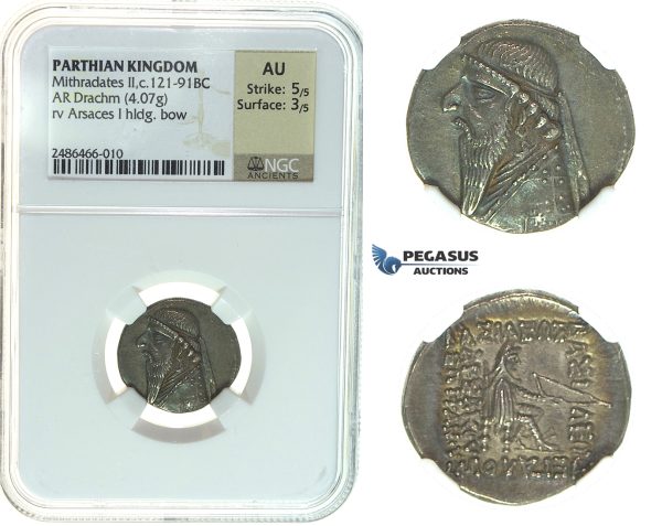 I29, Parthia, Mithradates II (123-88 BC) AR Drachm (4.07 g) Rhagai Mint, NGC AU