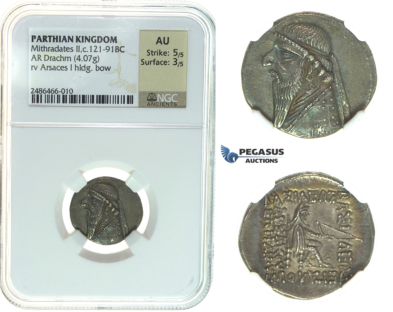 I29, Parthia, Mithradates II (123-88 BC) AR Drachm (4.07 g) Rhagai Mint, NGC AU