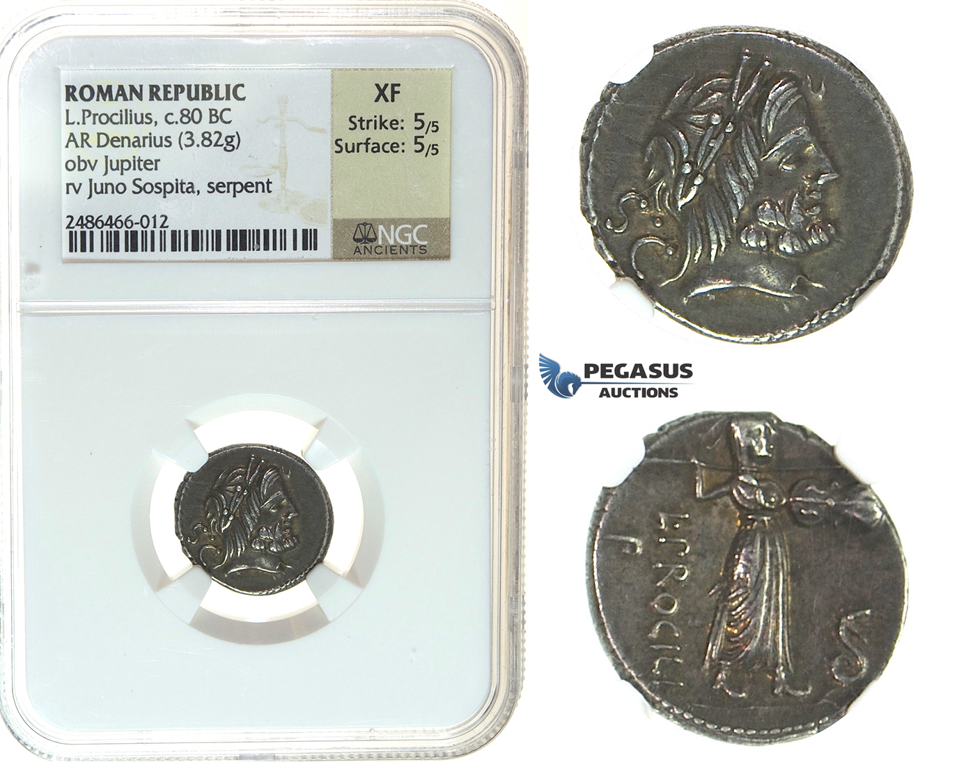 I30, Roman Republic, L. Procilius L.f. AR Denarius (3.82 g), Rome (ca. 80 BC) NGC EF