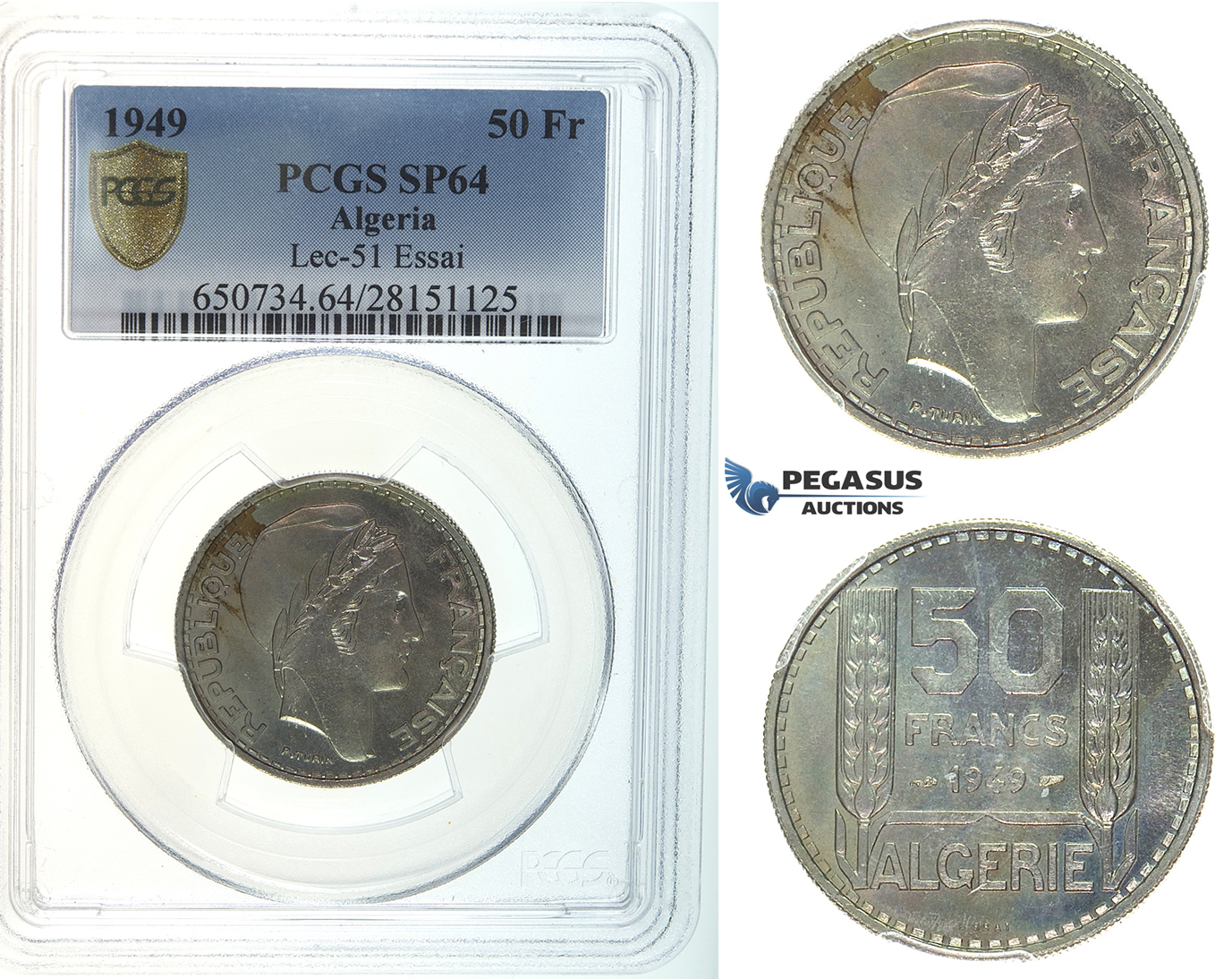 I32, Algeria, ESSAI 50 Francs 1949, PCGS SP64