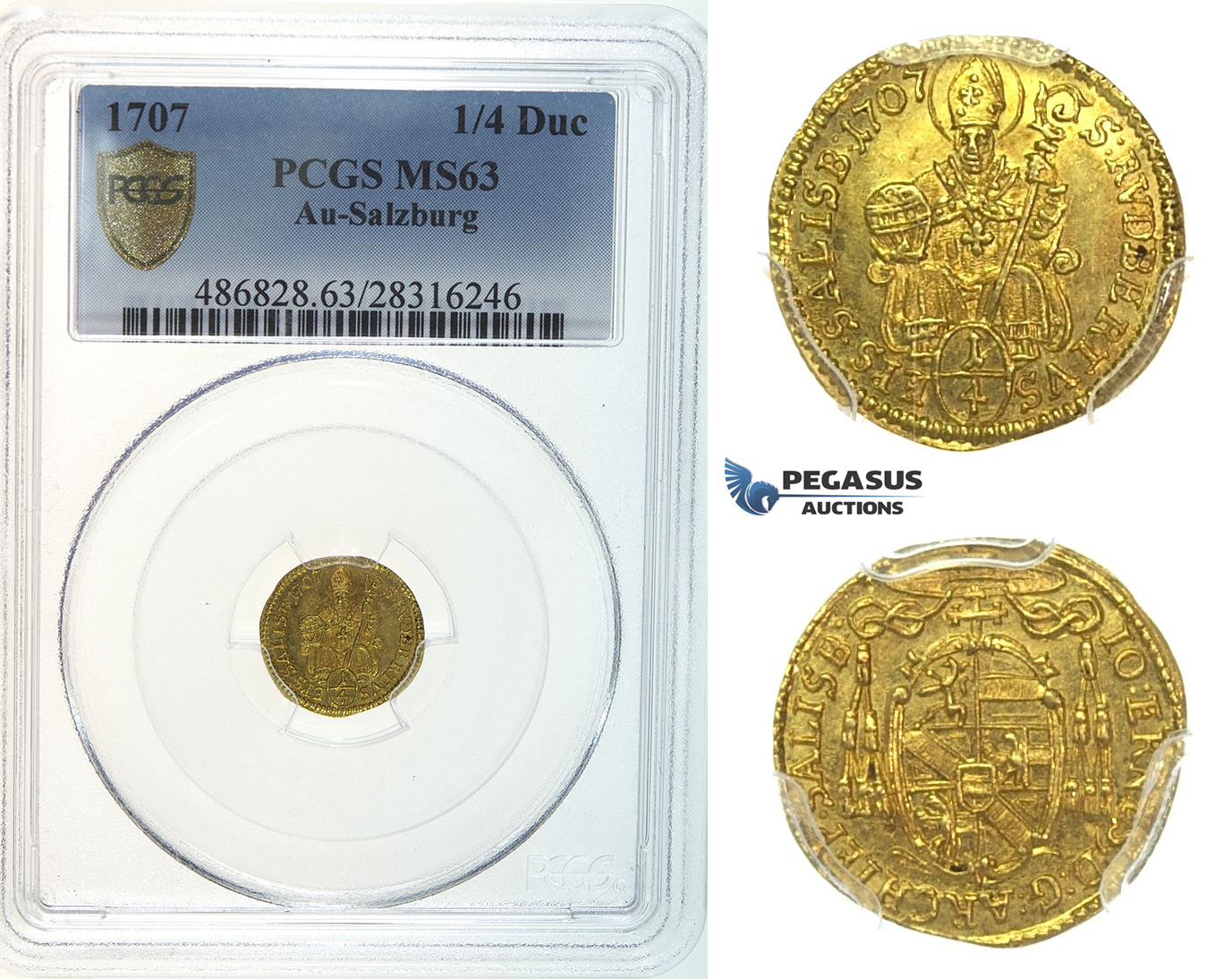 I34, Austria, Salzburg, Johann Ernst, 1/4 Ducat 1707, Gold, PCGS MS63