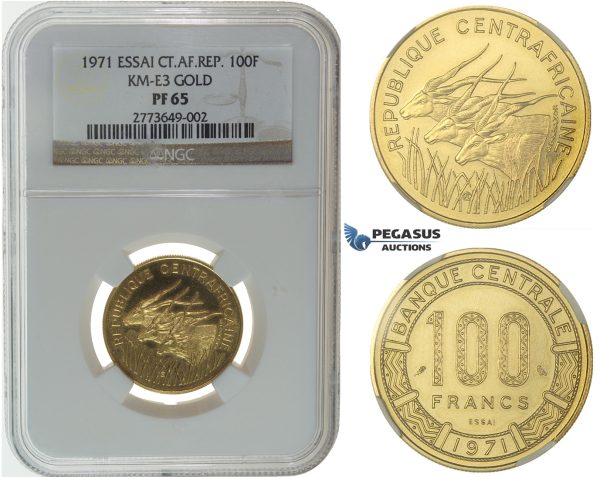 I36, Central African Republic, ESSAI 100 Francs 1971, Paris, Gold, Extremely Rare! NGC PF65