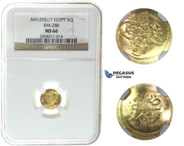 I40, Ottoman Empire, Egypt, Abdülhamid II, 5 Qirsh AH1293/7, Misr, Gold, NGC MS66