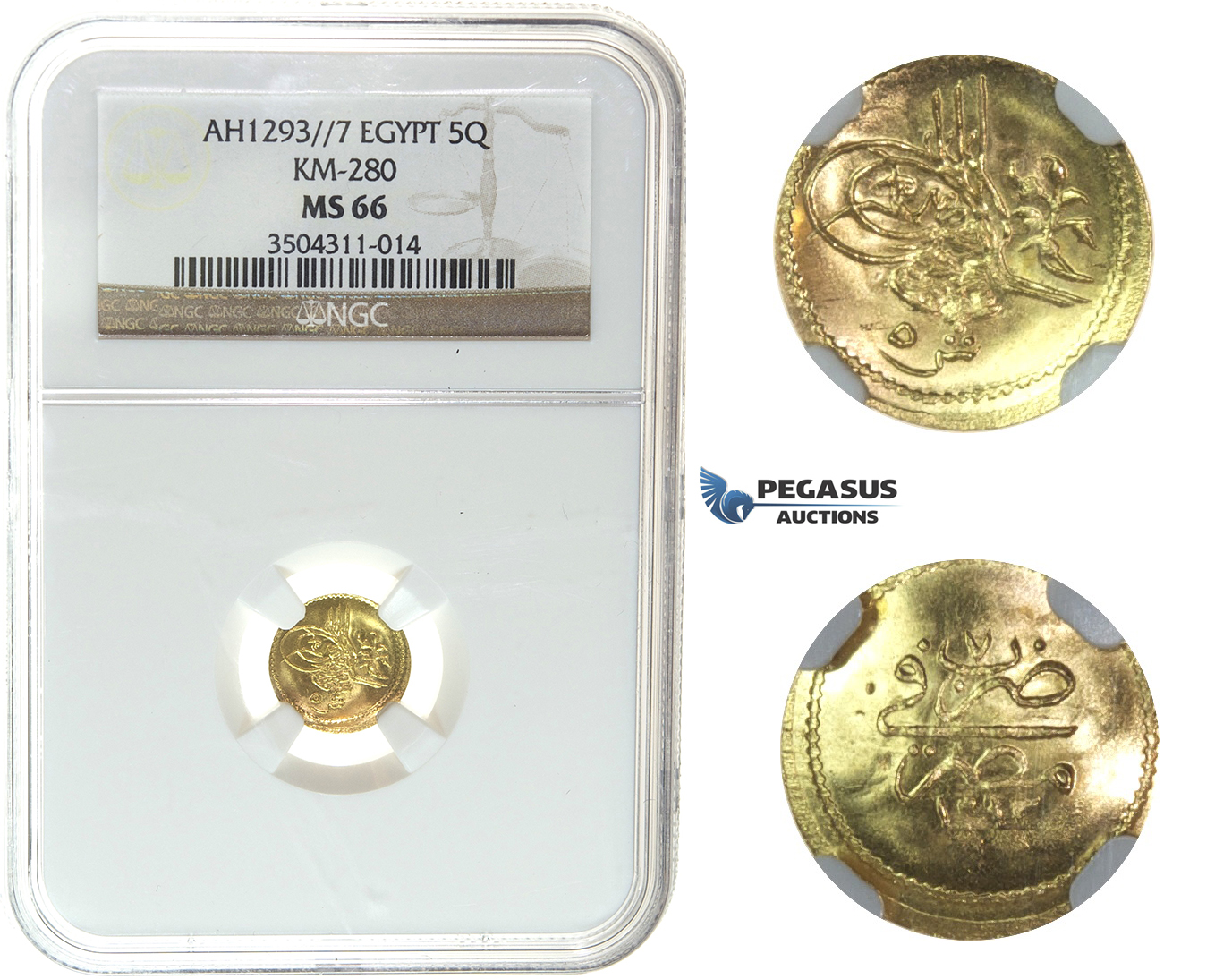 I40, Ottoman Empire, Egypt, Abdülhamid II, 5 Qirsh AH1293/7, Misr, Gold, NGC MS66