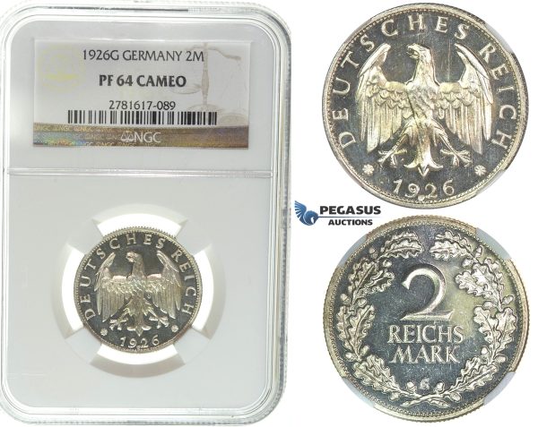 I44, Germany, Weimar, 2 Reichsmark 1926-G, Karlsruhe, Silver, NGC PF64 Cameo