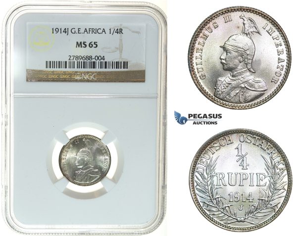 I45, German East Africa (DOA) Wilhelm II, 1/4 Rupie 1914-J, Hamburg, Silver, NGC MS65 (Pop 1/1) Rare!