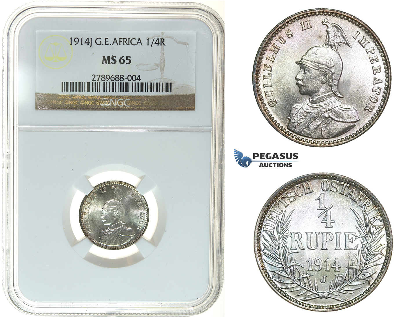 I45, German East Africa (DOA) Wilhelm II, 1/4 Rupie 1914-J, Hamburg, Silver, NGC MS65 (Pop 1/1) Rare!