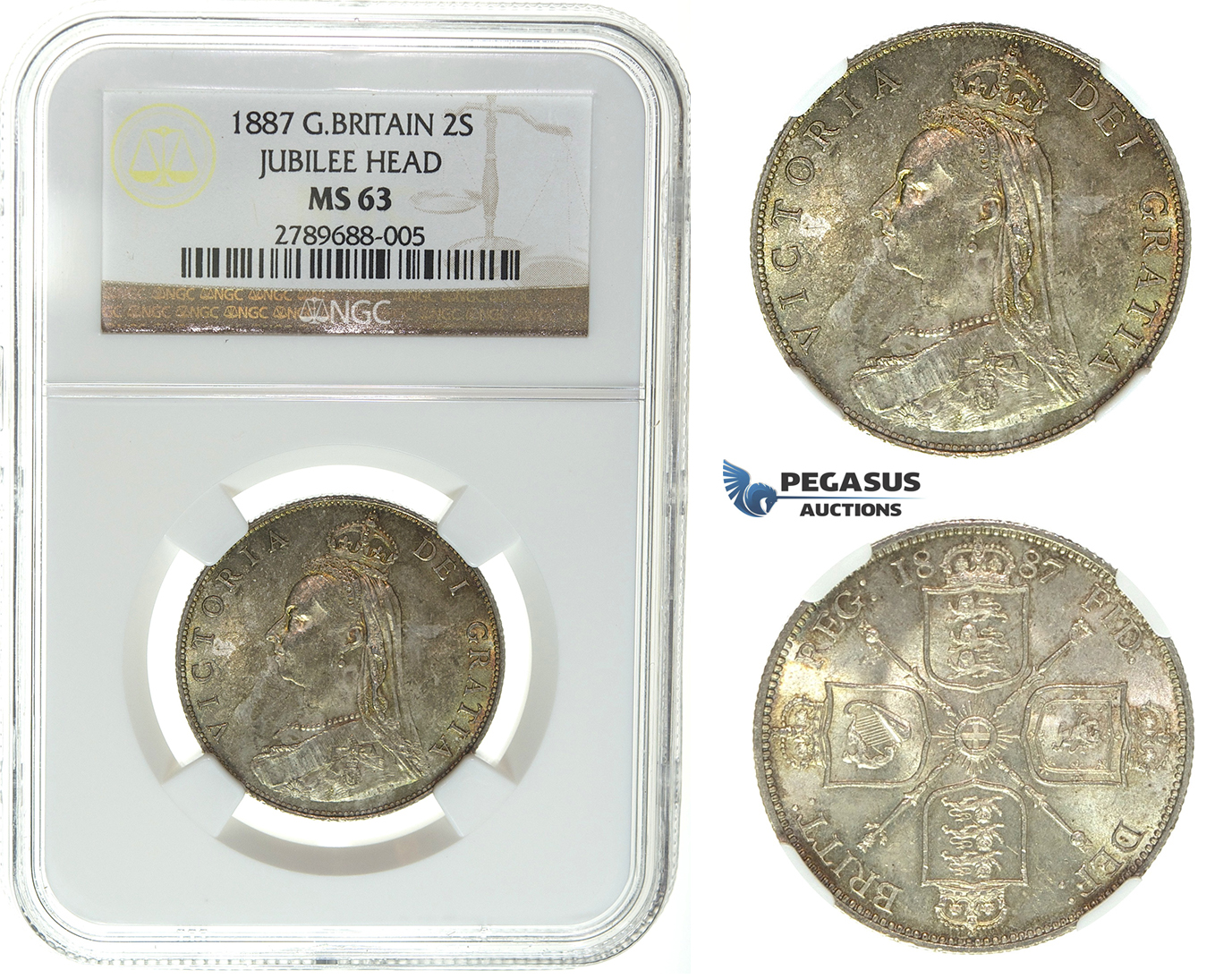 I46, Great Britain, Victoria, Florin 1887 (Jubilee Head) Silver, NGC MS63