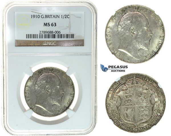 I47, Great Britain, Edward VII, 1/2 Crown 1910, Silver, NGC MS63