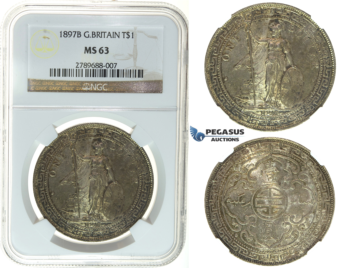I48, Great Britain, Trade Dollar 1897-B, Bombay, Silver, NGC MS63