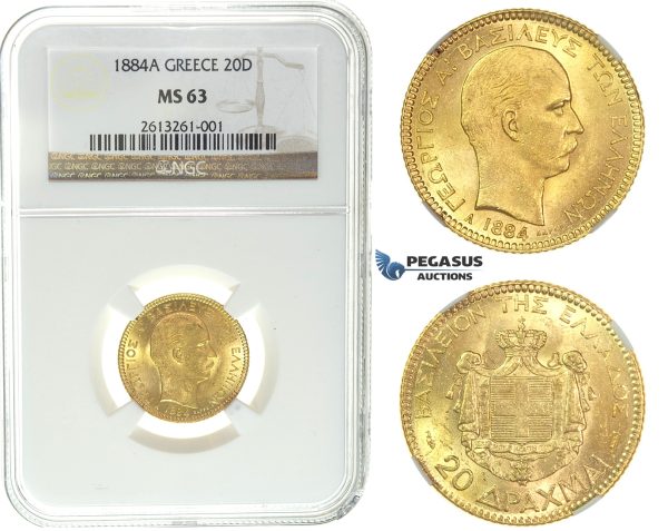 I50, Greece, George I, 20 Drachmai 1884-A, Gold, NGC MS63