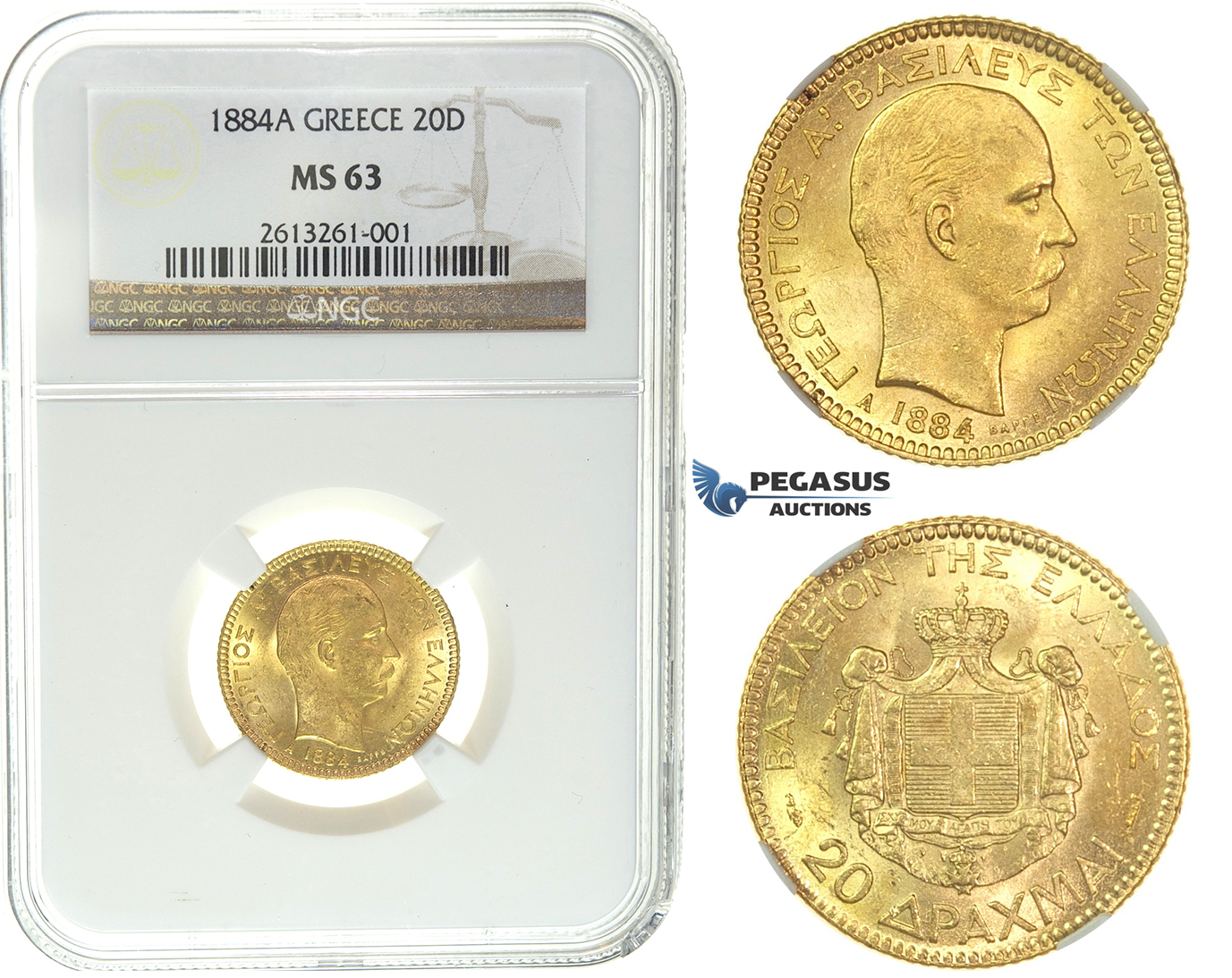 I50, Greece, George I, 20 Drachmai 1884-A, Gold, NGC MS63