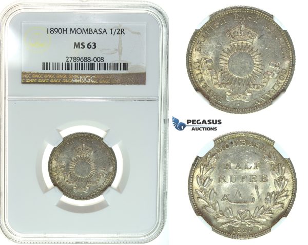 I55, Mombasa, 1/2 Rupee 1890-H, Heaton, Silver, NGC MS63