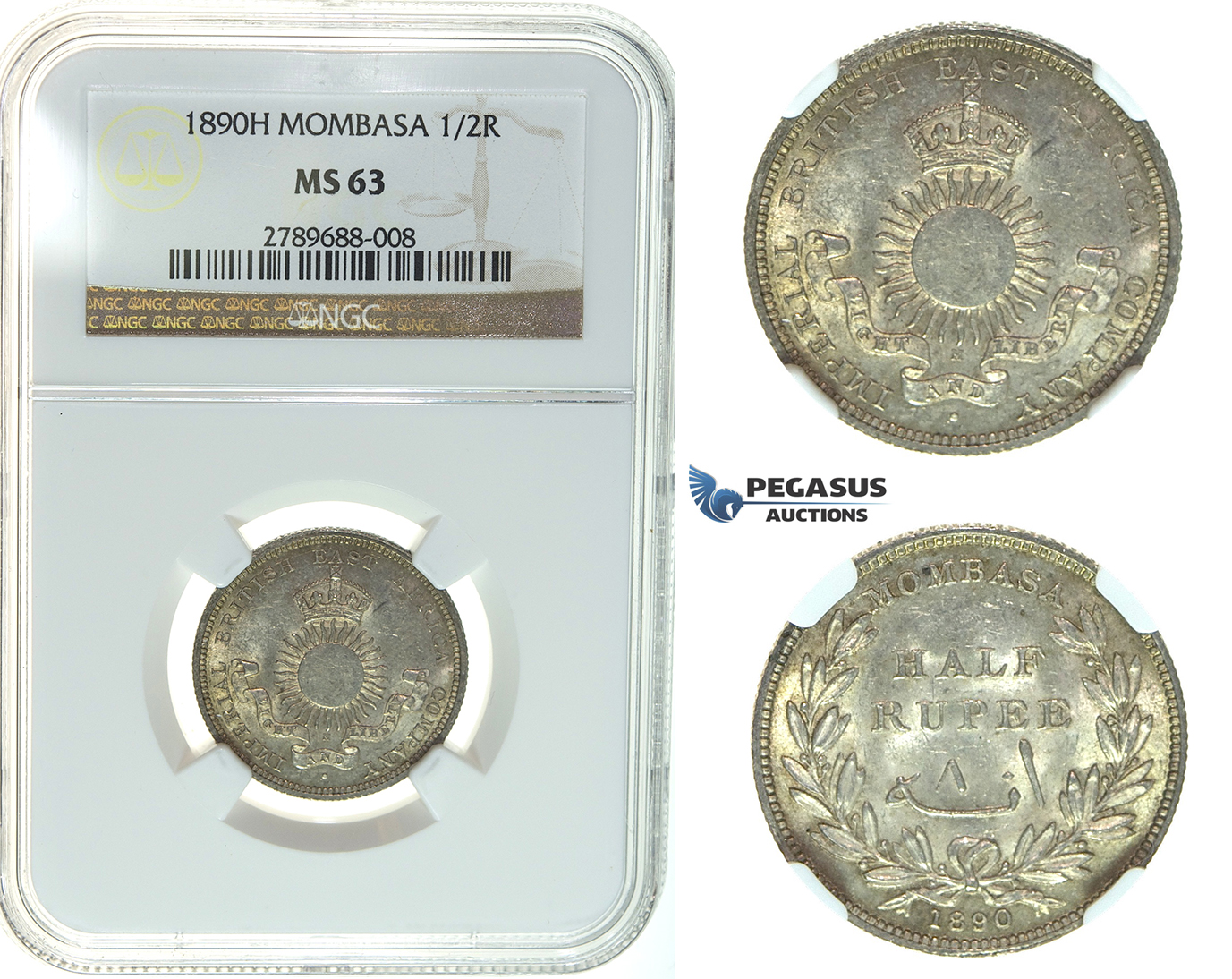 I55, Mombasa, 1/2 Rupee 1890-H, Heaton, Silver, NGC MS63