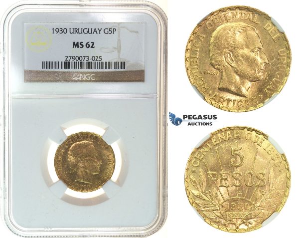 I74, Uruguay, 5 Pesos 1930, Gold, NGC MS62