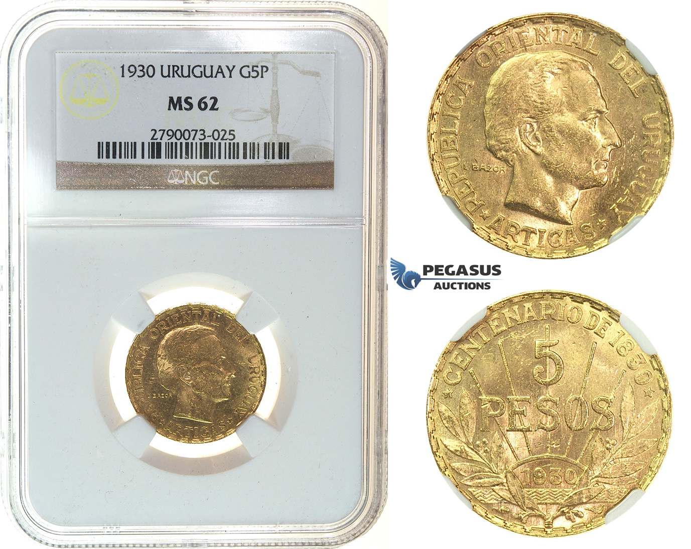 I74, Uruguay, 5 Pesos 1930, Gold, NGC MS62