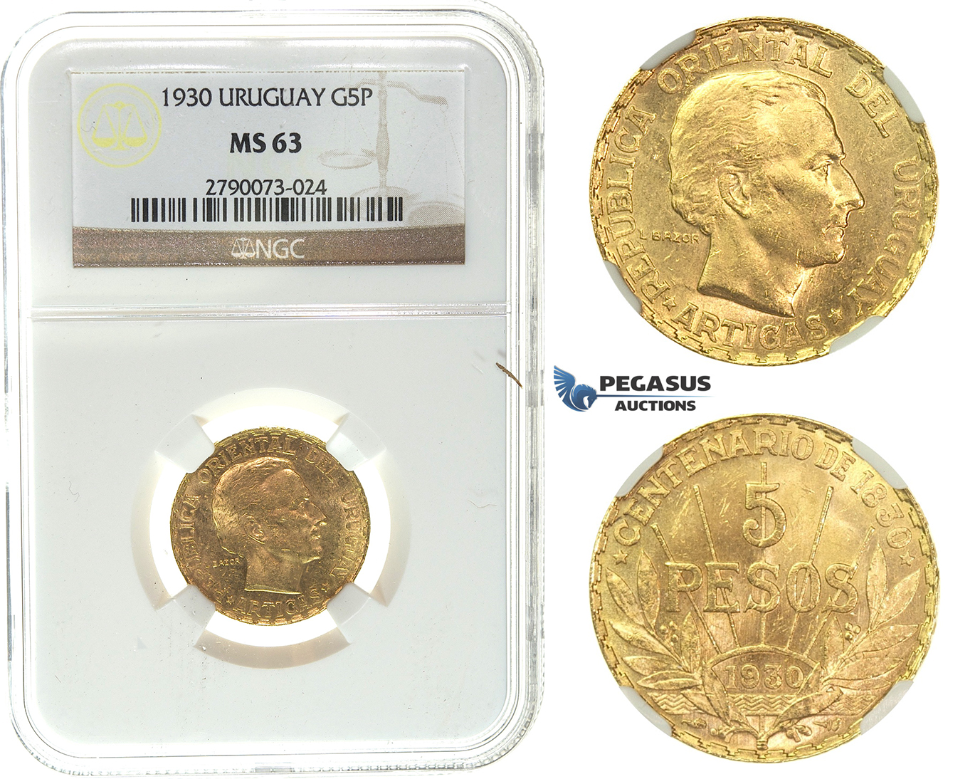 I75, Uruguay, 5 Pesos 1930, Gold, NGC MS63