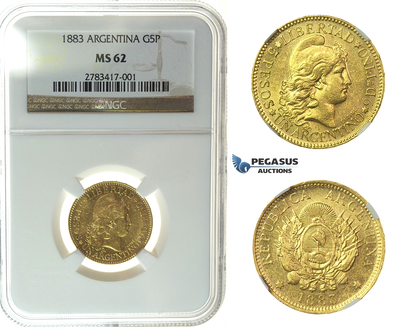 I87, Argentina, 5 Pesos 1883, Gold, NGC MS62