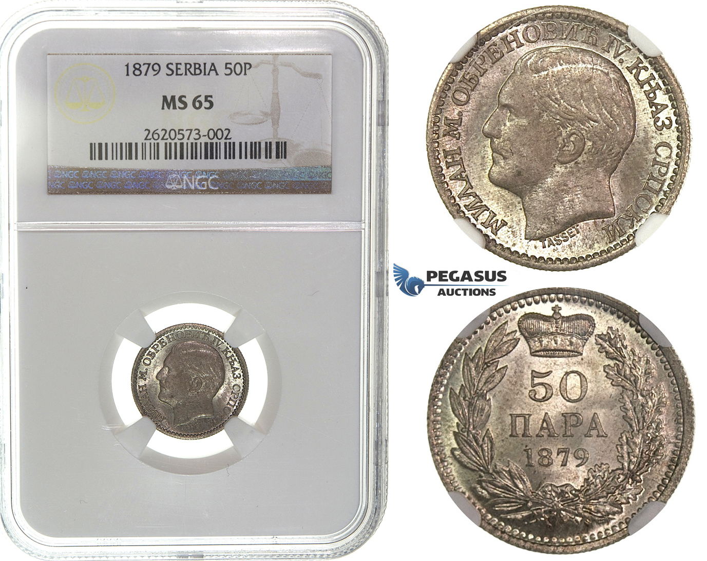 I90, Serbia, Milan I. Obrenovic, 50 Para 1879, Vienna, Silver, NGC MS65 (only 1 better) Rare!