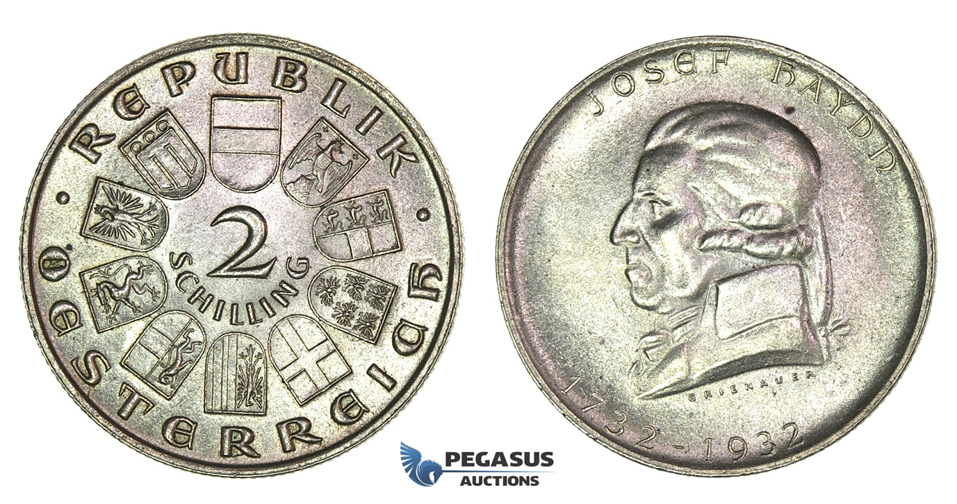 I94, Austria, Republic, 2 Schilling 1932 (Joseph Haydn) Silver, UNC!