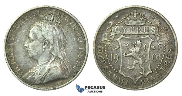 J01, Cyprus, Victoria, 4 1/2 Piastres 1901, Silver, Original Toning!