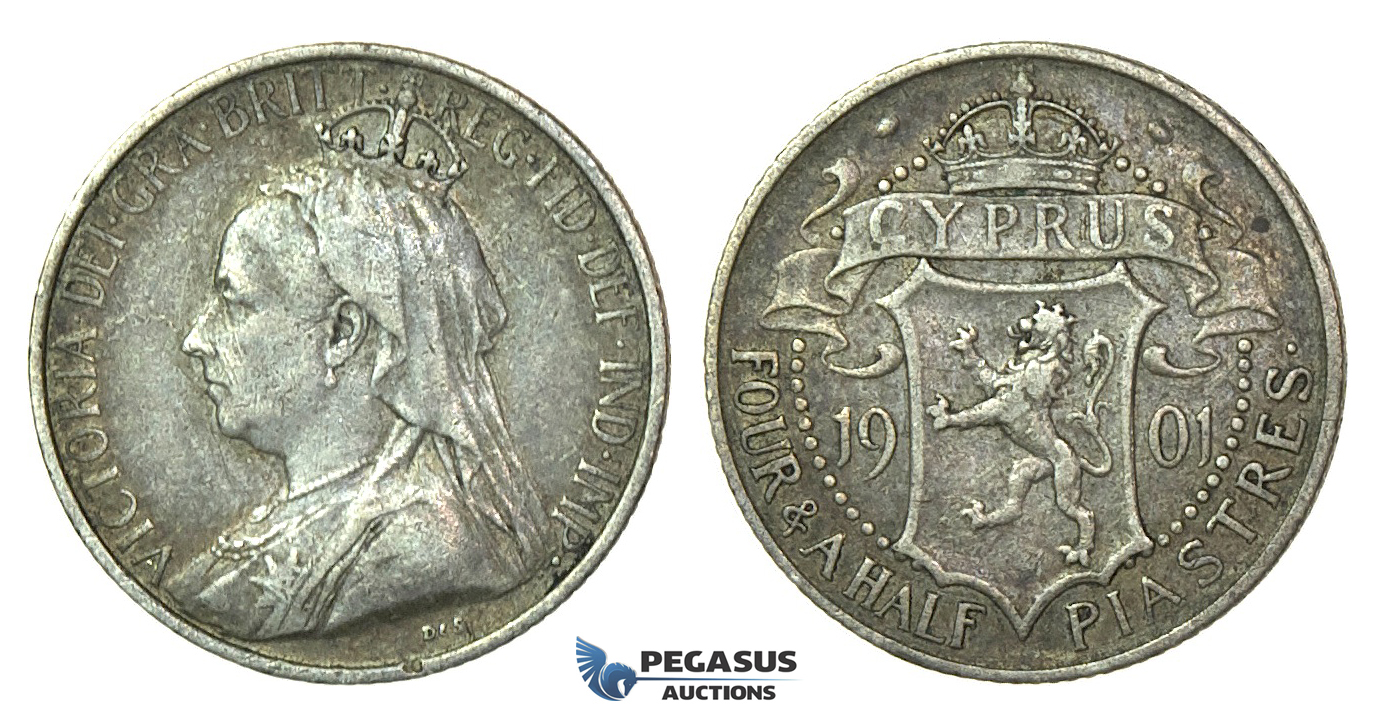 J01, Cyprus, Victoria, 4 1/2 Piastres 1901, Silver, Original Toning!