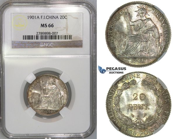 J06, French Indo-China (Vietnam) 20 Centimes 1901-A, Paris, Silver, NGC MS66 (Pop 1/1, Best!)