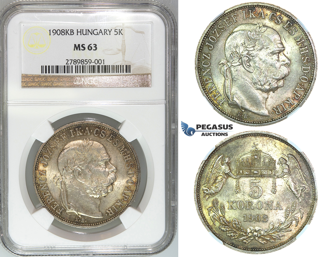 J07, Hungary, Franz Joseph, 5 Korona 1908-KB, Kremnitz, Silver NGC MS63