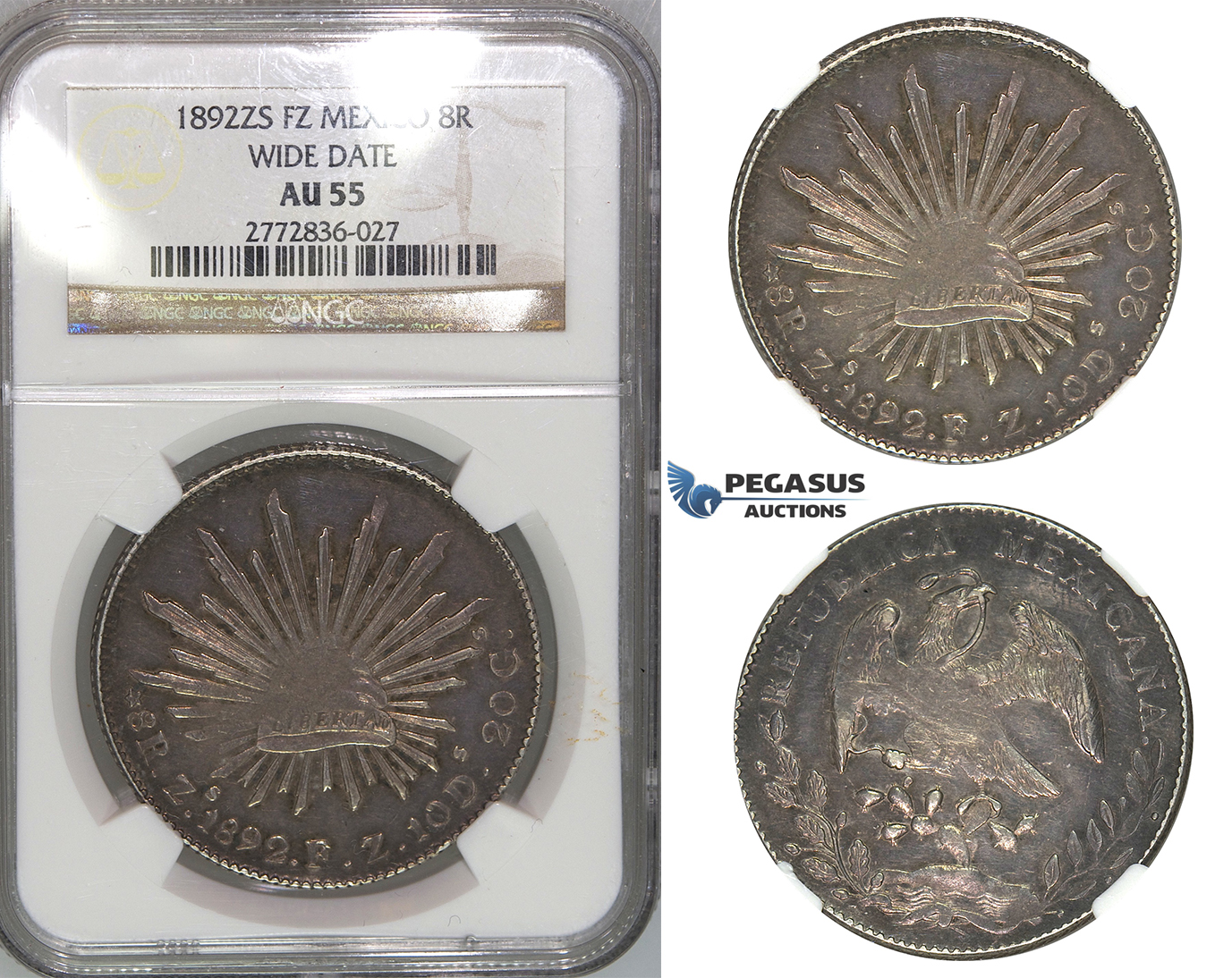 J10, Mexico, 8 Reales 1892-Zs FZ, Zacatecas "Wide Date" Silver, NGC AU55
