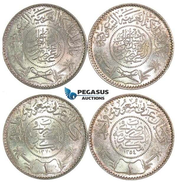 J23, Saudi Arabia, Abd Al-Aziz Bin Sa'ud, Riyal AH1354 & AH1370 (2 coins) UNC!