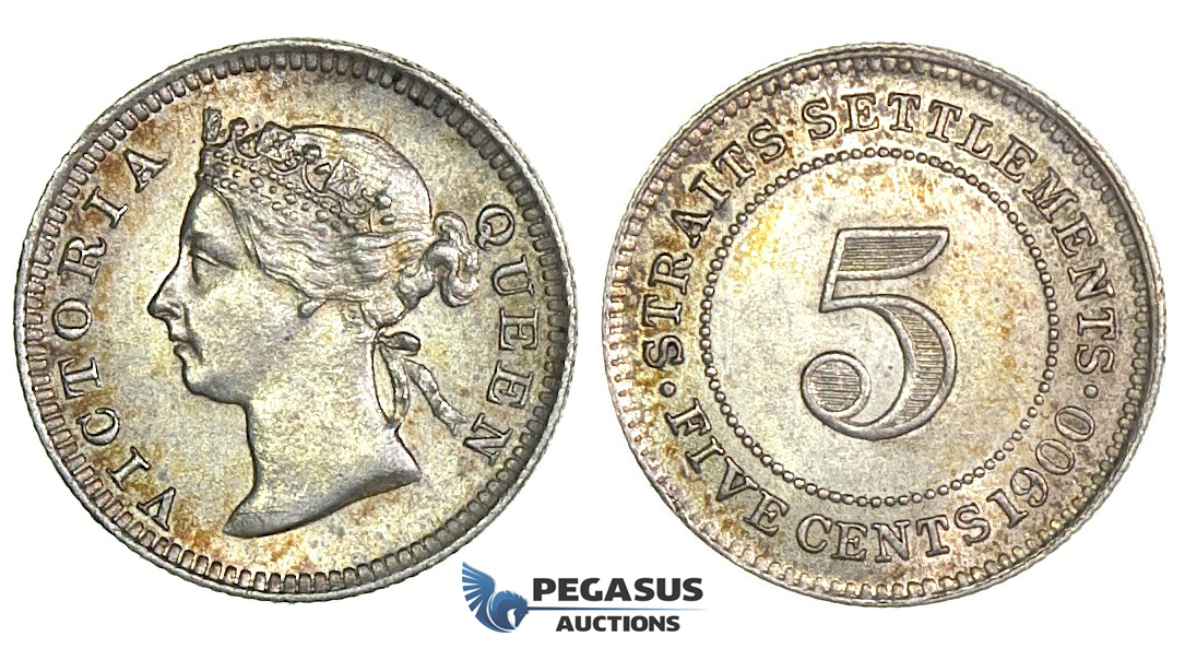 J24, Straits Settlements, Victoria, 5 Cents 1900, Silver, Toned TOP Grade!