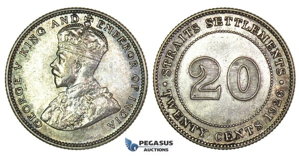 J25, Straits Settlements, George V, 20 Cents 1926, Silver, Toned TOP Grade!