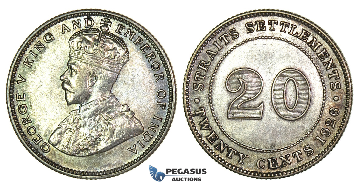 J25, Straits Settlements, George V, 20 Cents 1926, Silver, Toned TOP Grade!