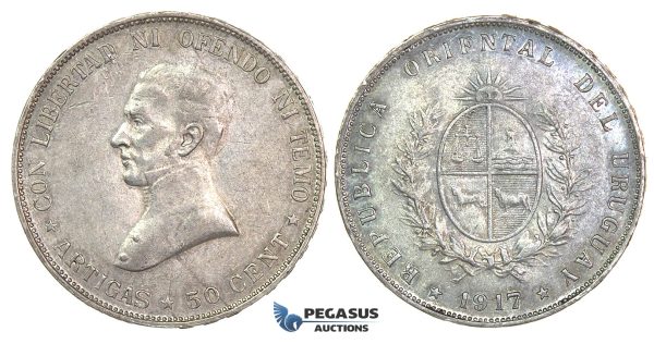 J27, Uruguay, 50 Centesimos 1917, Silver, High Grade (Few bag marks)