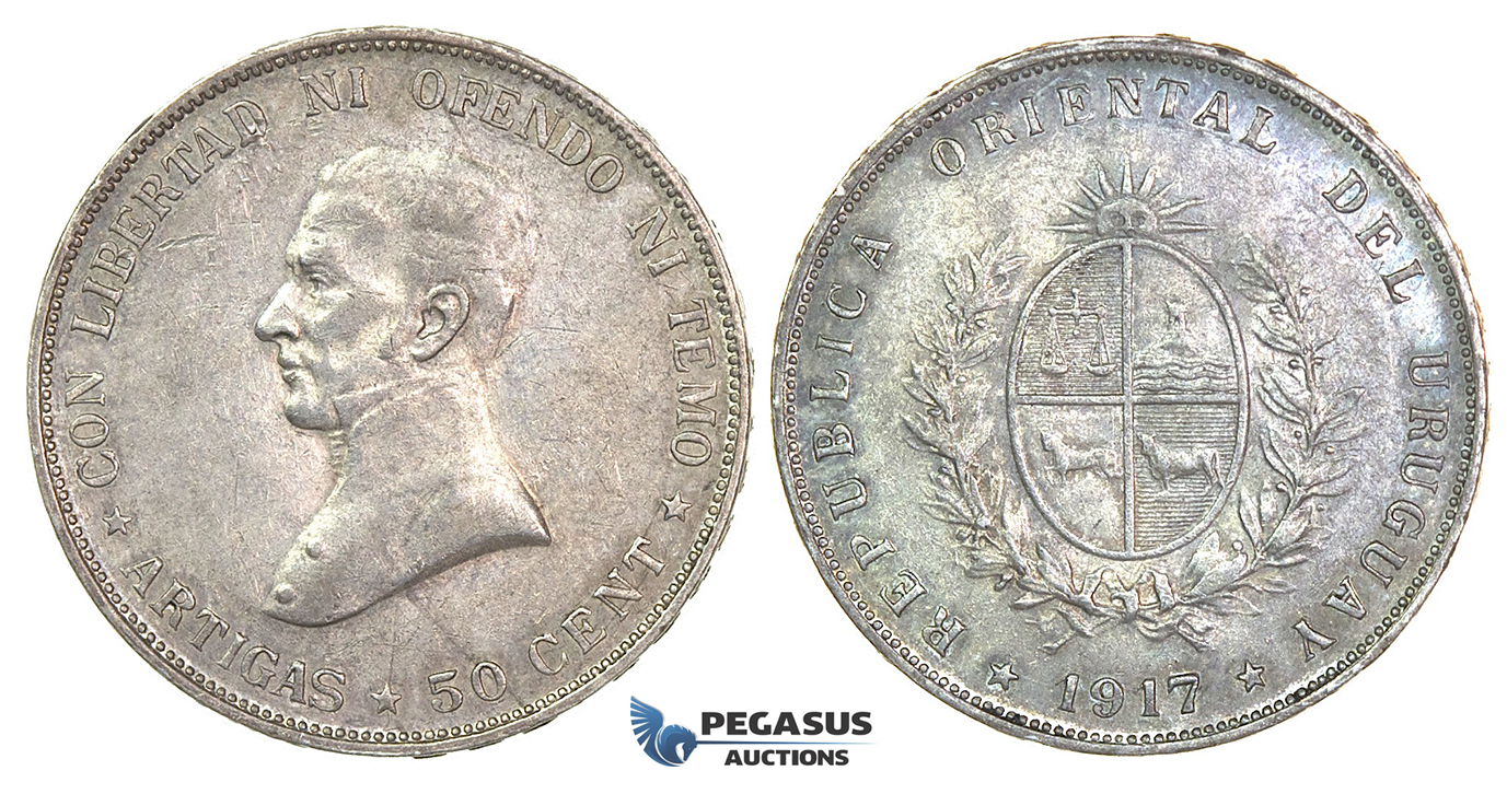 J27, Uruguay, 50 Centesimos 1917, Silver, High Grade (Few bag marks)