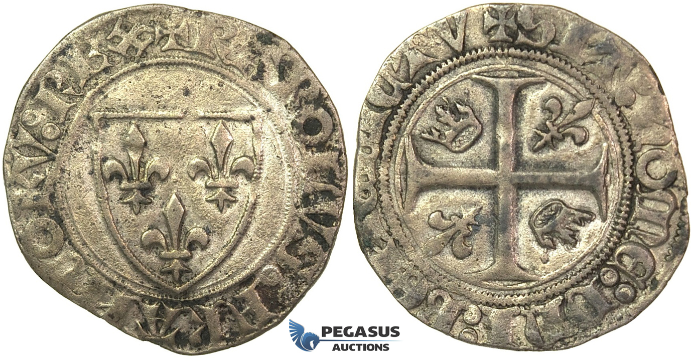 J34, France, Charles VI (1380-1422) Blanc Guénar, 4th emission, Saint-Pourçain, Silver (3.07g) Nice!