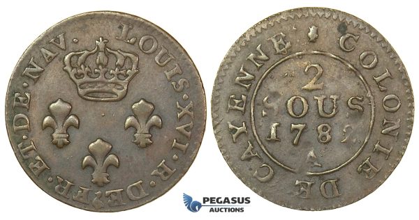 J46, French Guyana, Cayenne, 2 Sous 1782-A, Paris, Very nice!