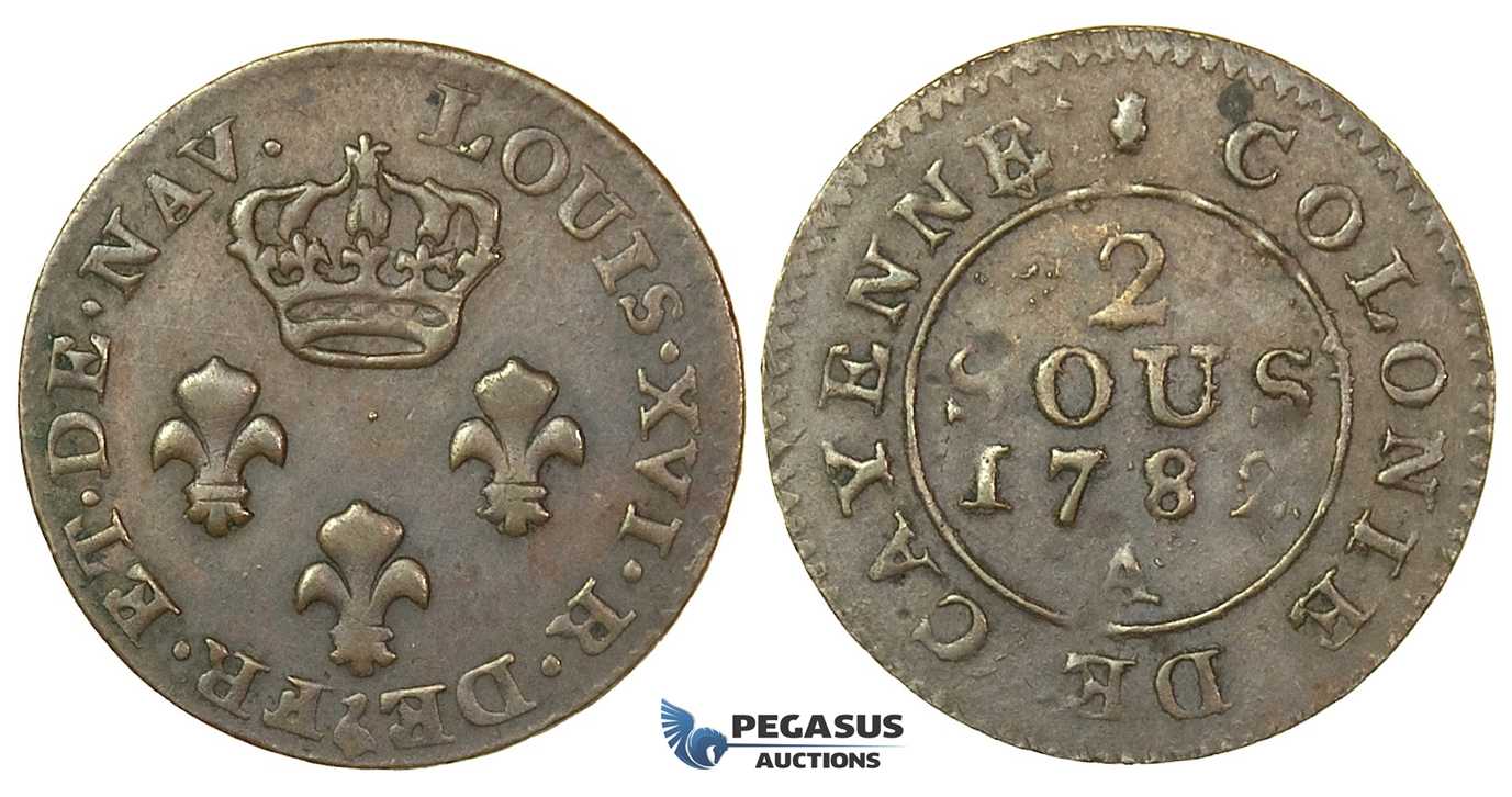 J46, French Guyana, Cayenne, 2 Sous 1782-A, Paris, Very nice!