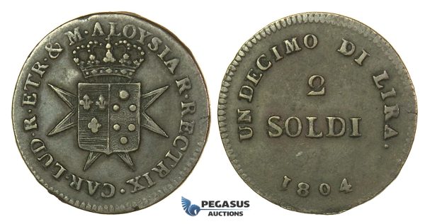 J51, Italy, Florence, Carlo Ludovico and Maria Luisa, 2 Soldi 1804, Nice & Rare!