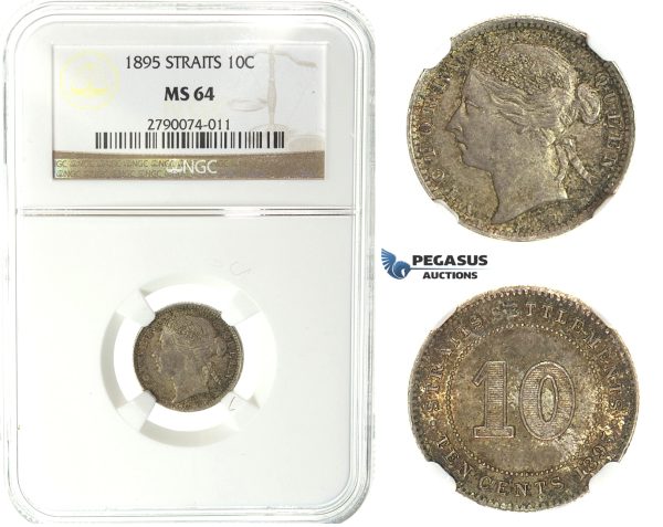 J61, Straits Settlements, Victoria, 10 Cents 1895, Silver, NGC MS64, Rare Grade!